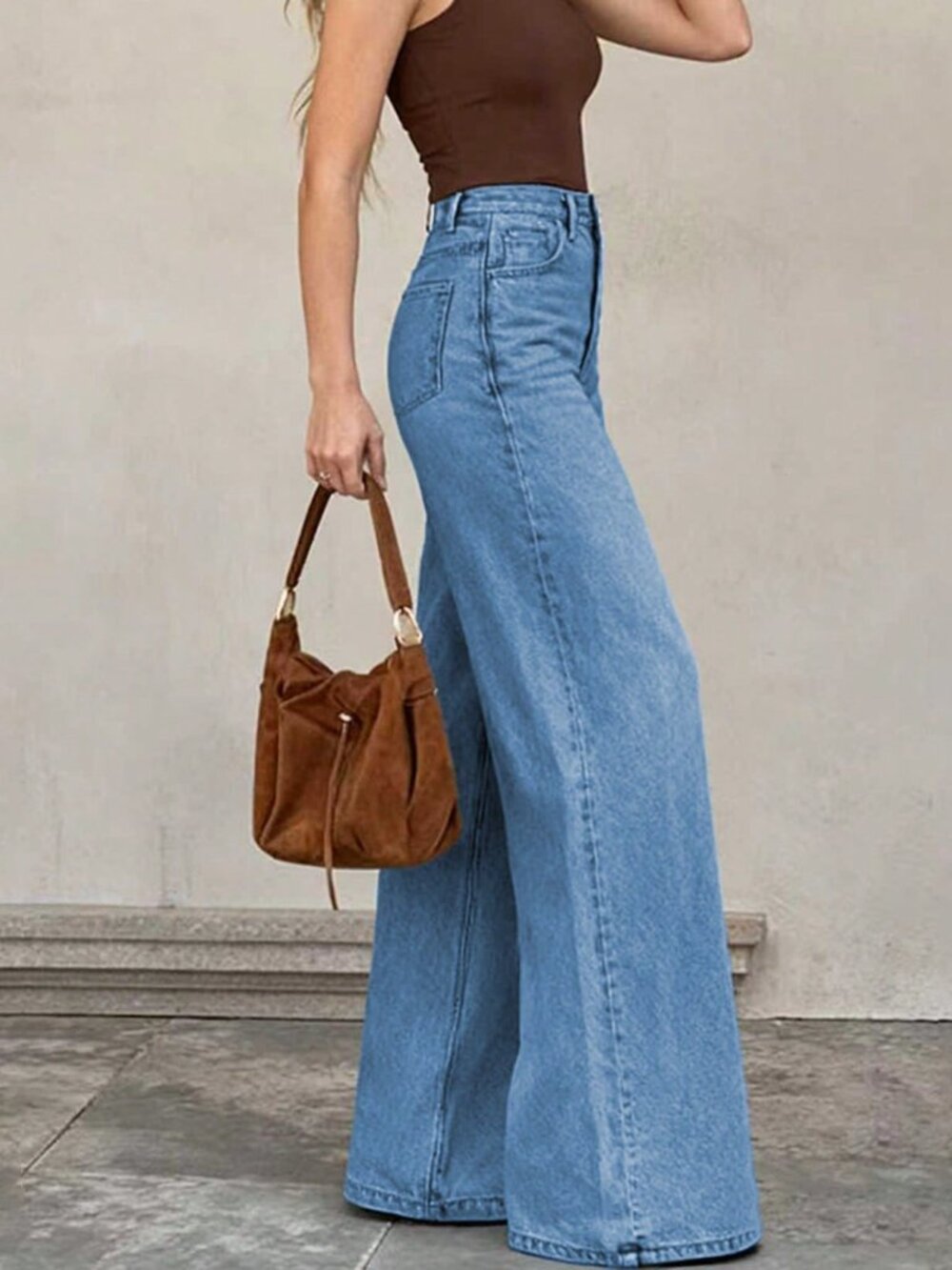 Medium Blue Casual Women's High-Waisted Wide-Leg Denim Pants with Button Zipper - Picture 3 of 5